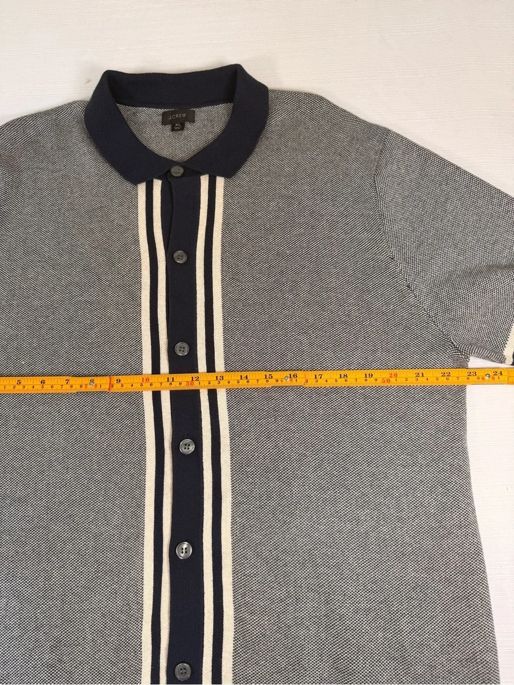 J. Crew Gray Short-Sleeve Polo Cardigan with Navy and Cream Trim